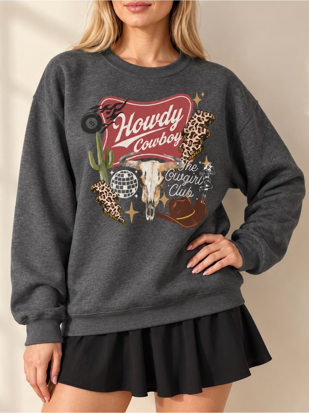 Howdy Cowgirl Club Bull Skull Charcoal Western Aesthetic Gildan Sweatshirt
